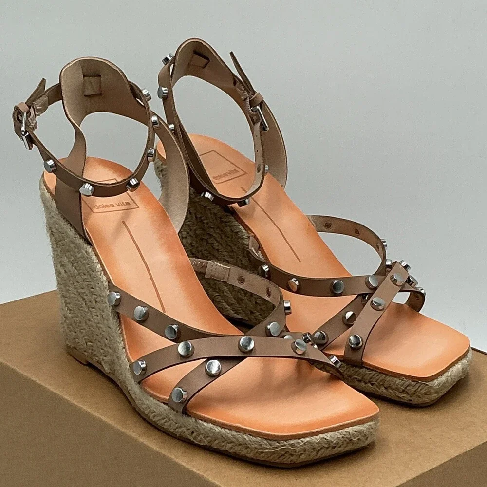 Dolce Vita Marika Sandals Womens 8 Natural Studded Wedge Heel Espadrille Eby4459